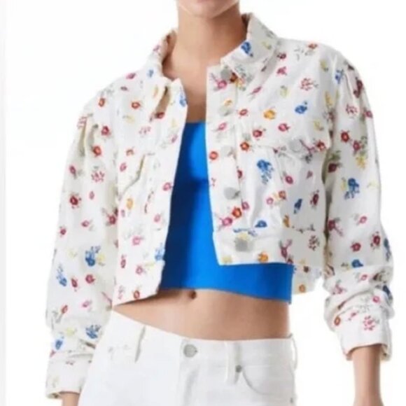 Alice + Olivia Off White Multi Renee Embroidered Cropped Denim Jacket Size S - Picture 3 of 8